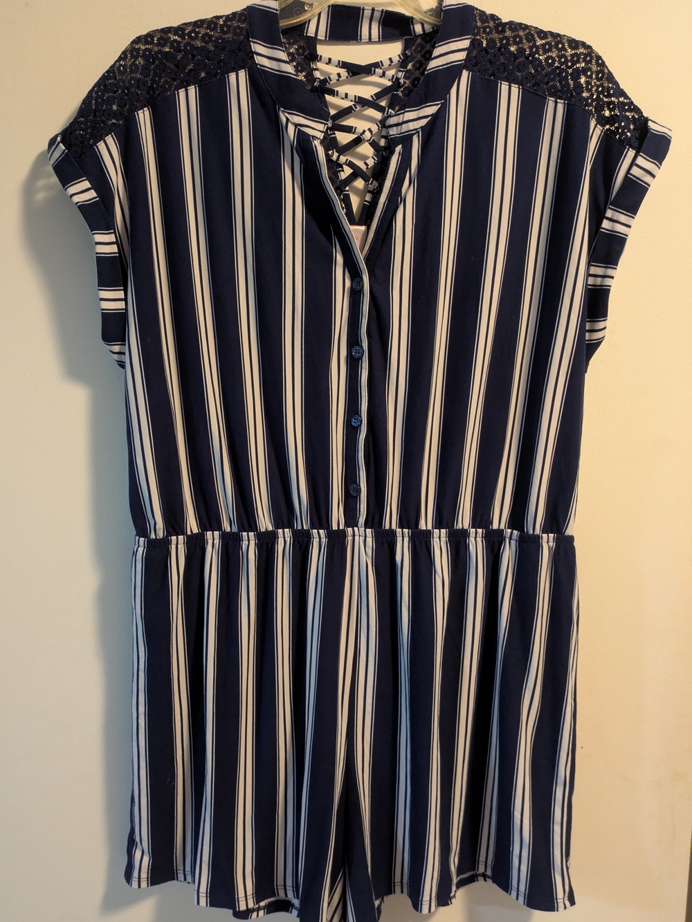 NOBO Navy and White Striped Lace-Shoulder Romper